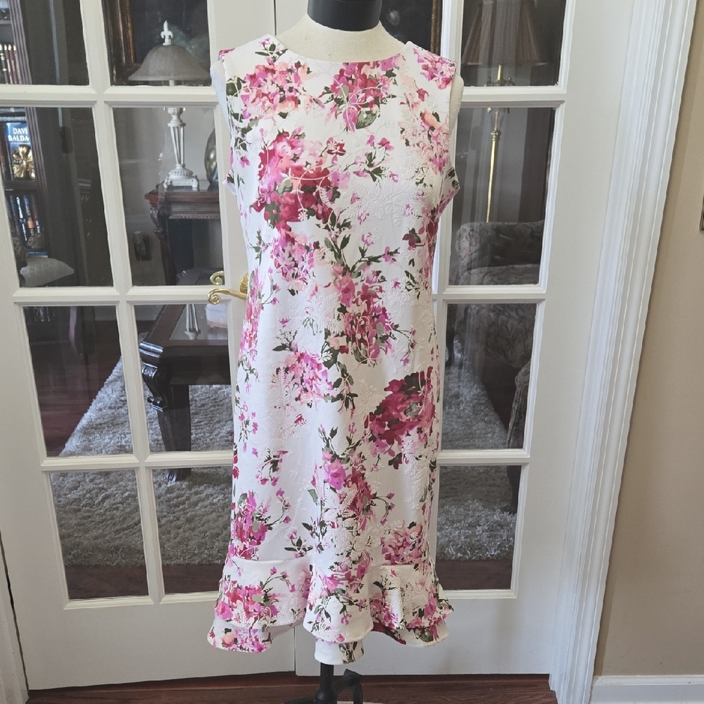 Shelby & Palmer Pink Green White Ruffled Tiered Sleeveless Dress Stretch 12 EUC